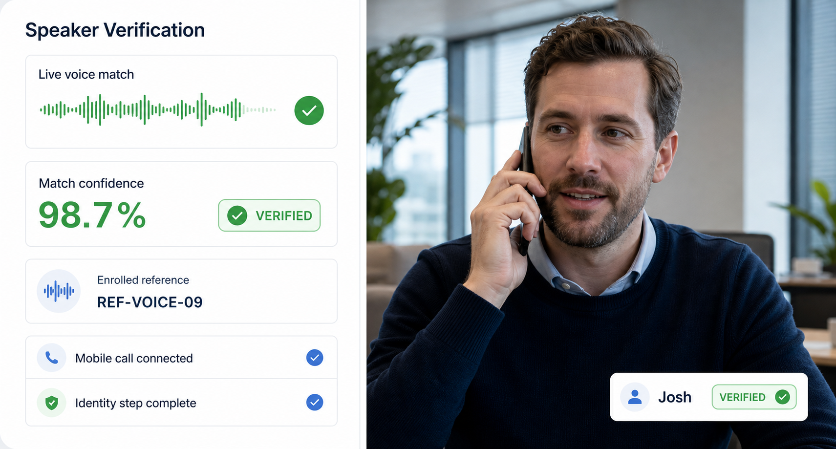 Speaker verification dashboard confirming Josh with a 98.7 percent voice match during a mobile call