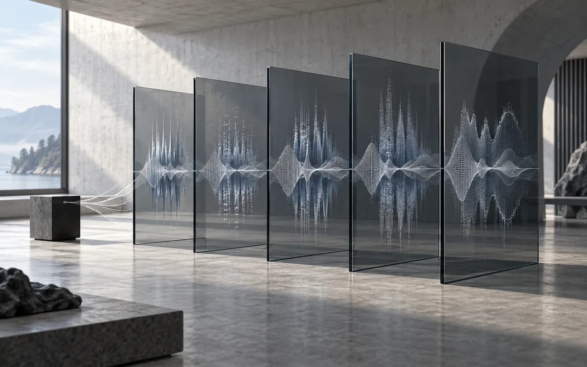 Editorial visualization of speech traces passing through glass planes in an acoustic research environment.