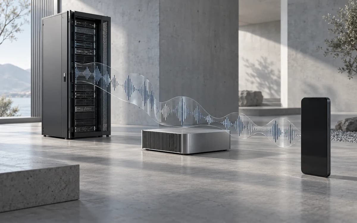 Editorial visualization of an audio waveform connecting server hardware and a mobile device in a quiet architectural environment.