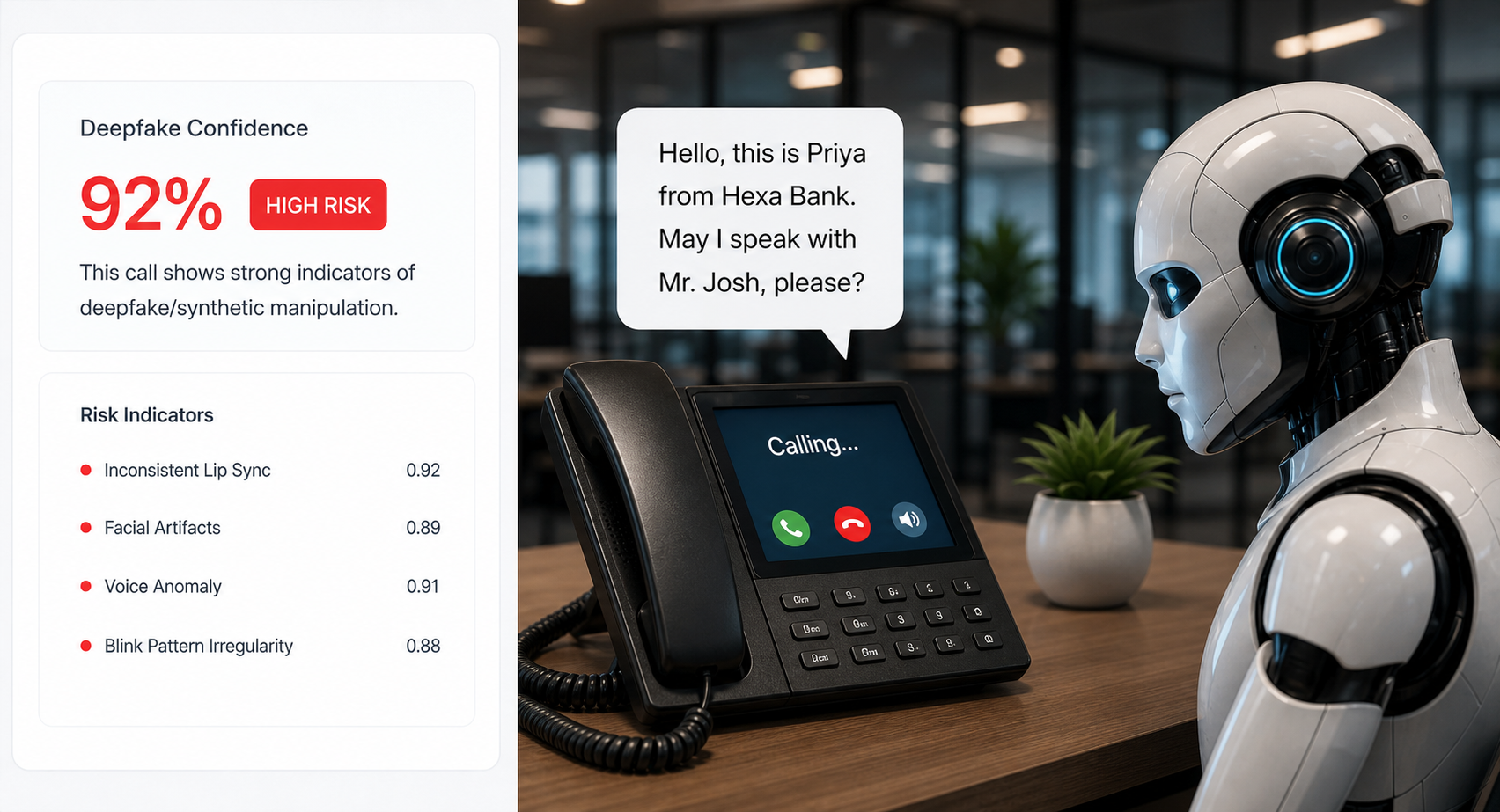 Deepfake detection dashboard showing a 92 percent high-risk call beside an automated voice agent