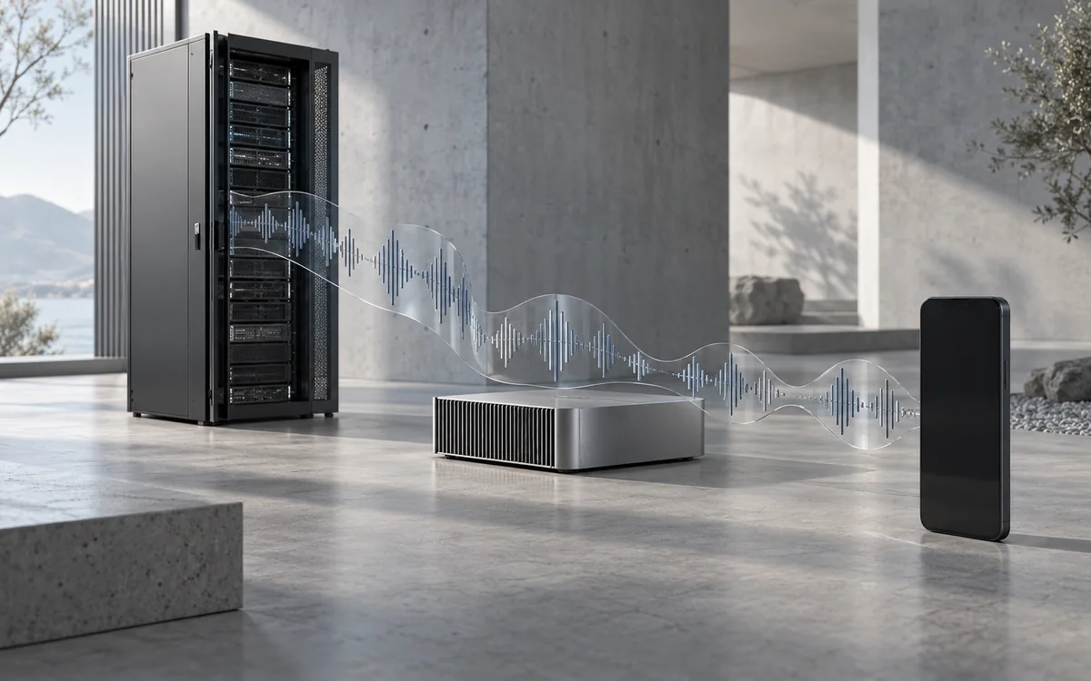 Editorial visualization of an audio waveform connecting server hardware and a mobile device in a quiet architectural environment.